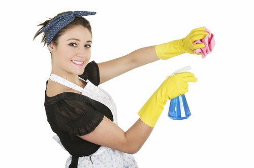 Worker checking cleaning products and safety controls during carpet cleaning